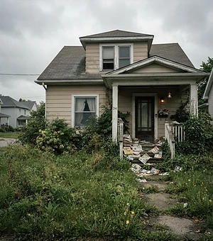 Quiet suburban house with uncollected flyers piling up