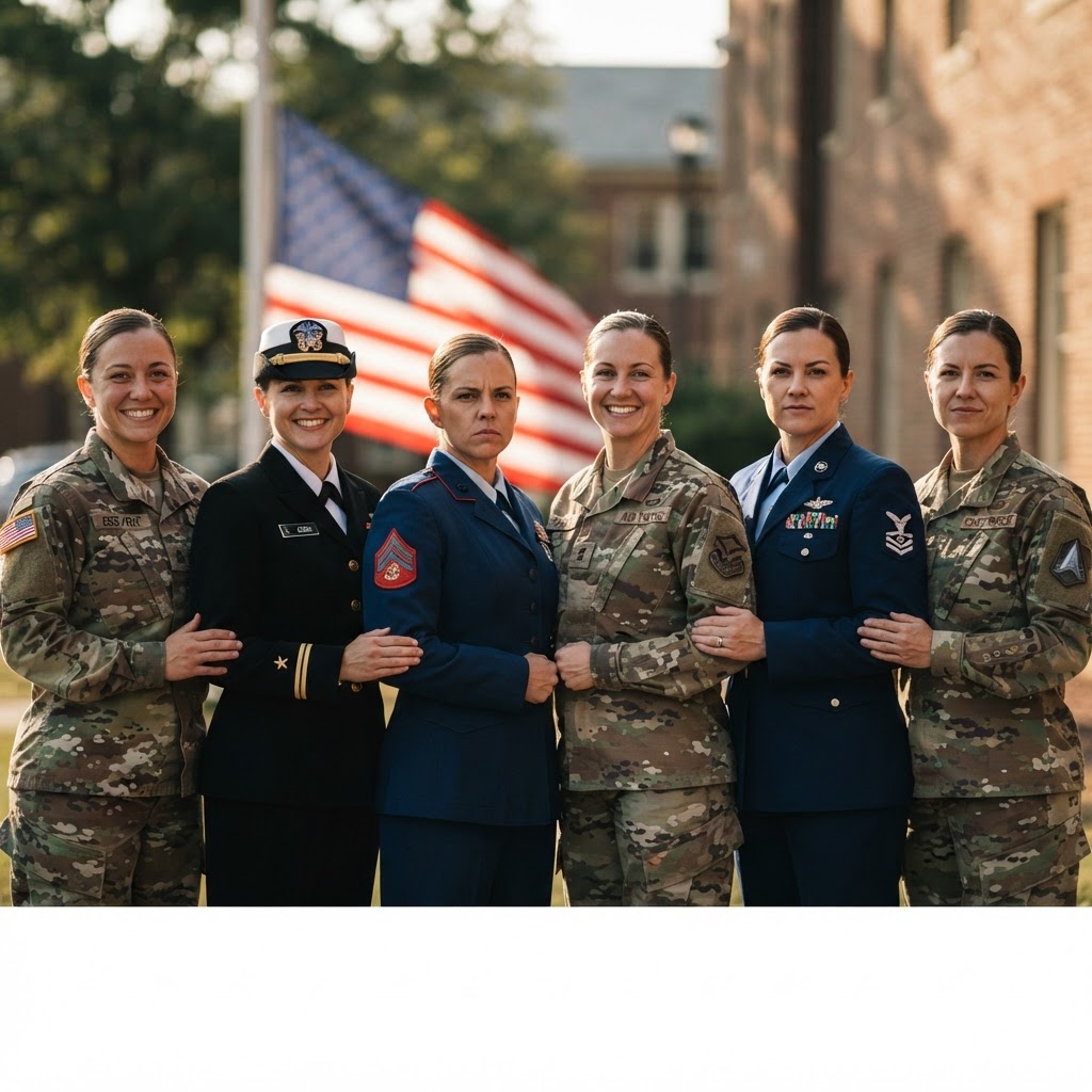 Women veterans from all branches of the military standing together as sisters