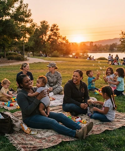 Women veterans relaxing with children and babies at sunset