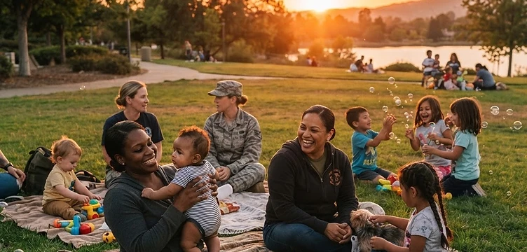 Women veterans relaxing with children and babies at sunset