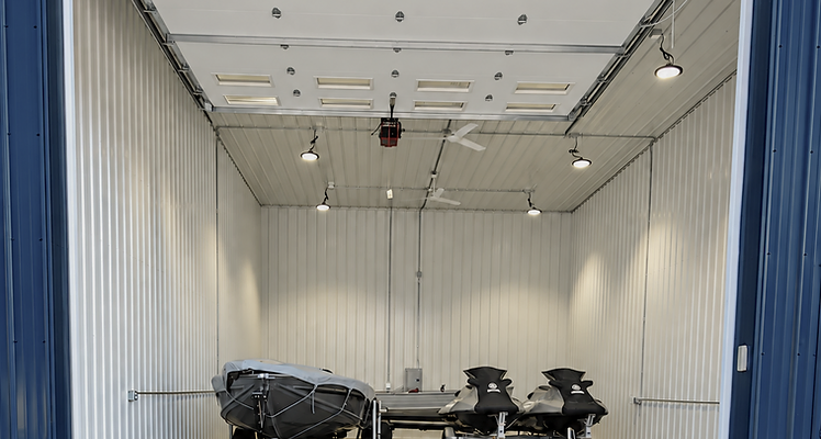 Open Flex Base unit storing boat and personal watercraft trailers