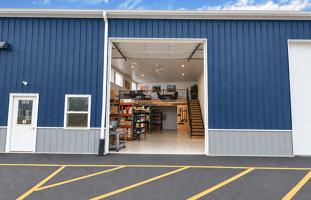 Flex Base unit with overhead door open and second-level mezzanine