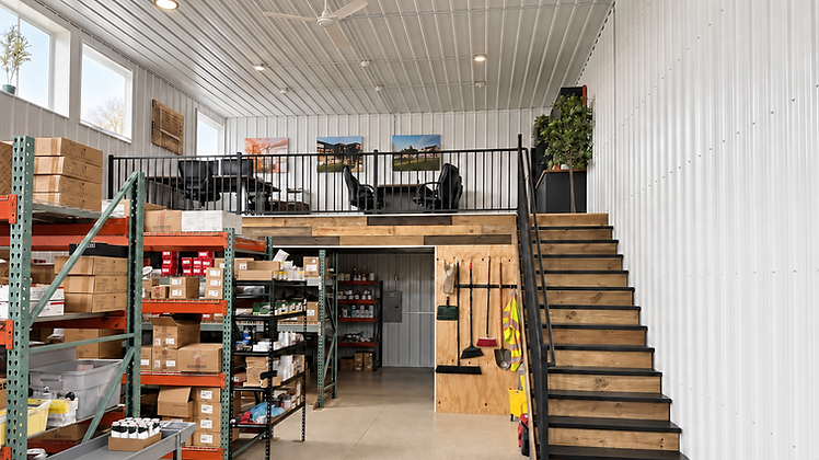 Flex Base flex-space interior with storage and mezzanine office in Central Illinois