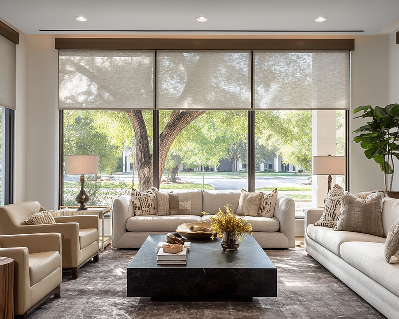 Floor-to-ceiling window overlooking a misty city skyline at golden hour