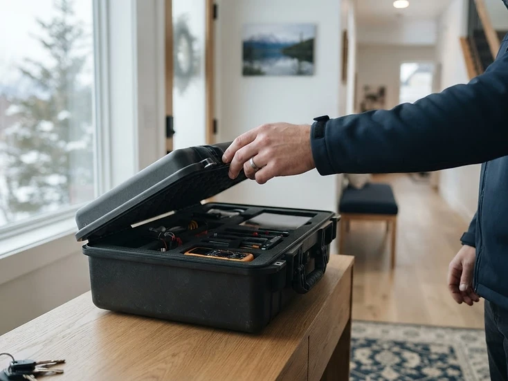 A mobile fingerprinting professional opening a clean equipment case in a bright Anchorage foyer