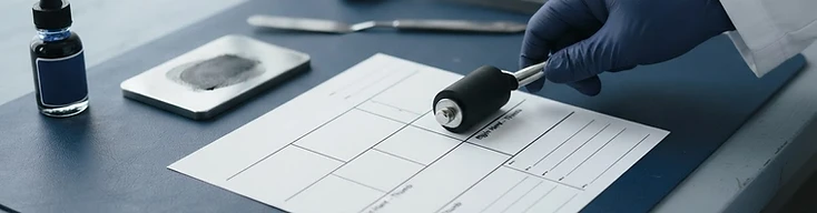 A professional FD-258 fingerprint card being prepared on a clean surface