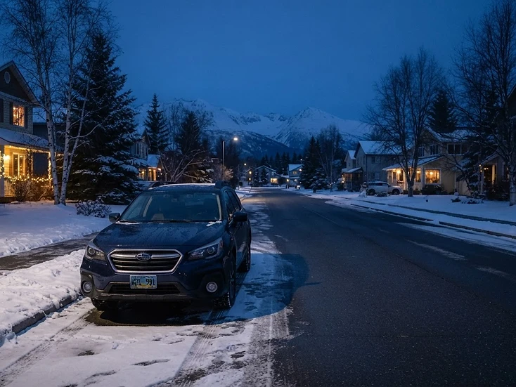 A clean service vehicle parked in a quiet Anchorage neighborhood during blue hour