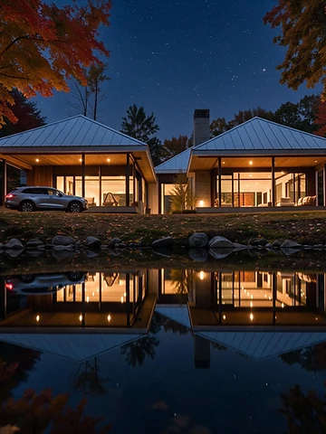 CSH#NO illuminated beneath a starry sky and reflected in the pond