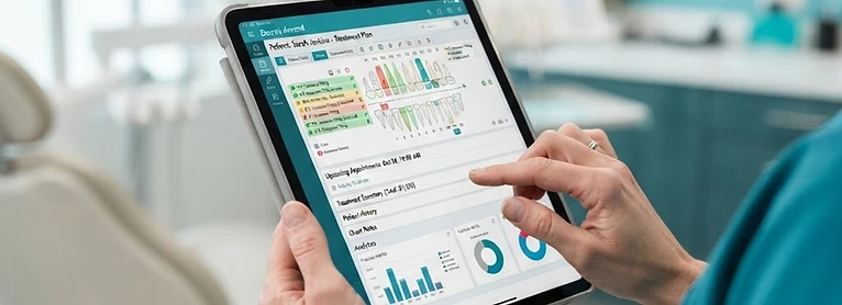 Profissional usando o software de gestão odontológica Vimaka