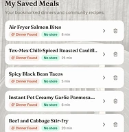 Dinner Found saved meals — your bookmarked dinners and community recipes