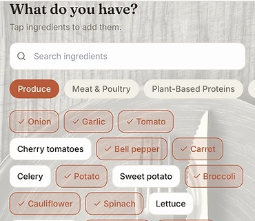 Dinner Found pantry — tap ingredients to add them