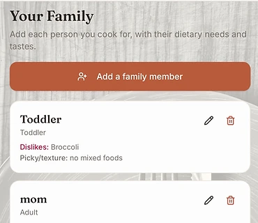 Dinner Found family preferences — dietary needs and tastes for each person