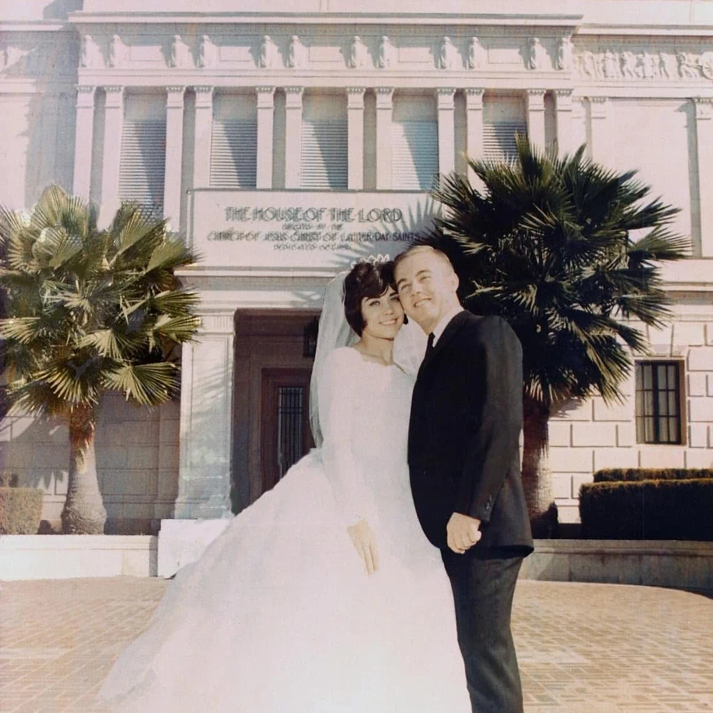 Dennis and Louise Meadows on their wedding day at the Mesa Arizona Temple