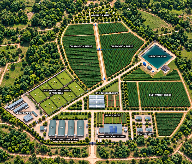 EELDYN Nkoranza site masterplan aerial — full campus showing orchard and apiary, cultivation fields, irrigation pond, goat rotational grazing paddocks and goat campus, net-houses and nursery, poultry houses, herbs and spices, operations and processing, and staff housing.