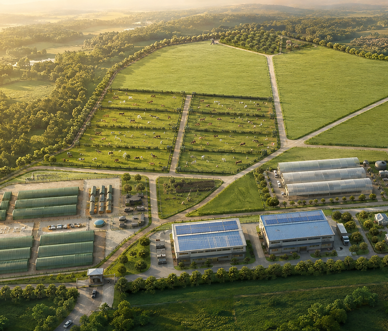 Panoramic concept visualization of the planned EELDYN integrated farm campus and surrounding agricultural landscape.