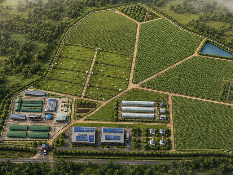 Realistic concept aerial visualization of the planned EELDYN integrated agribusiness campus in Nkoranza, Ghana.
