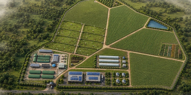 Realistic concept aerial visualization of the planned EELDYN integrated agribusiness campus in Nkoranza, Ghana.