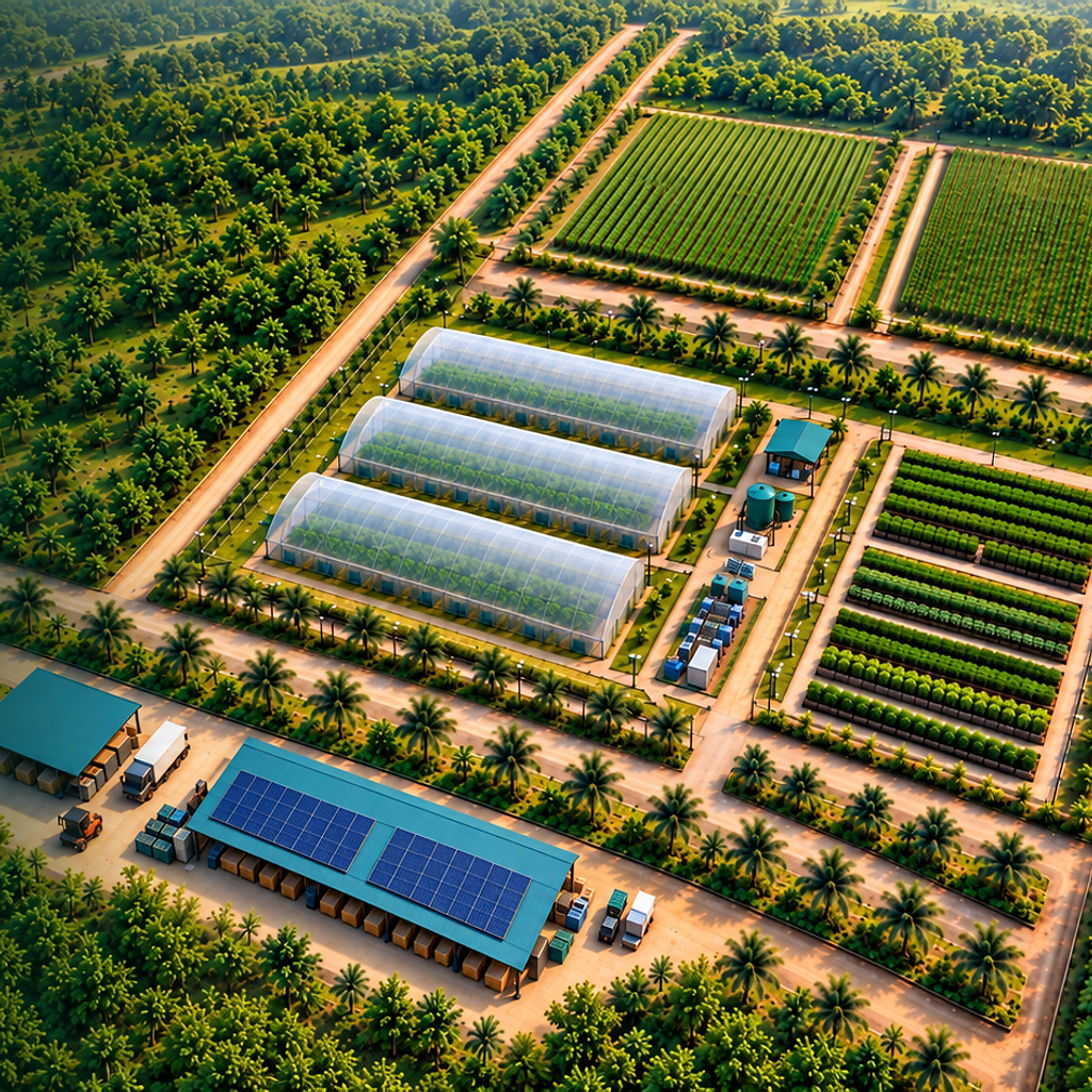 EELDYN Nkoranza Farm Campus Overview — integrated site aerial showing net-houses, nursery, herbs and spices beds, operations and processing building with solar panels, and surrounding treeline.