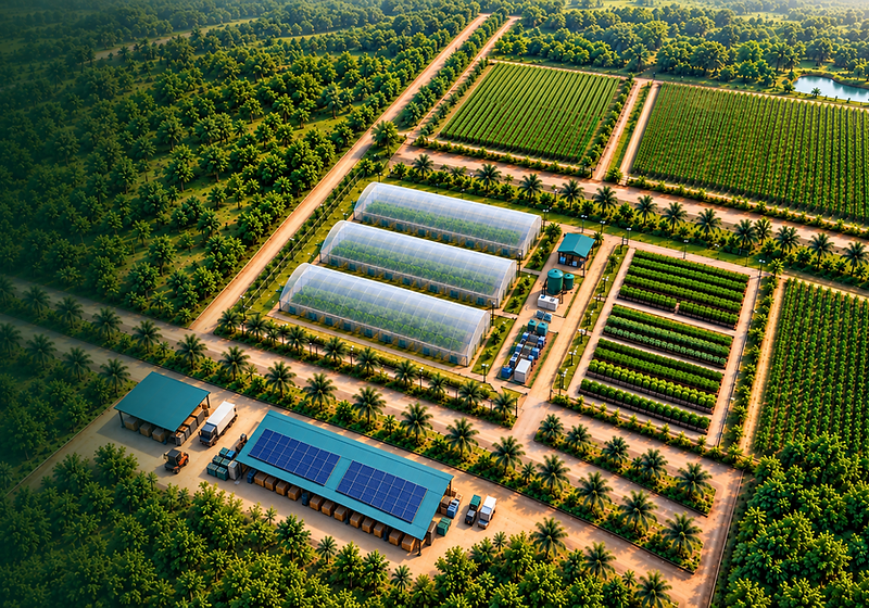 EELDYN Nkoranza Farm Campus Overview — integrated site aerial showing net-houses, nursery, herbs and spices beds, operations and processing building with solar panels, and surrounding treeline.