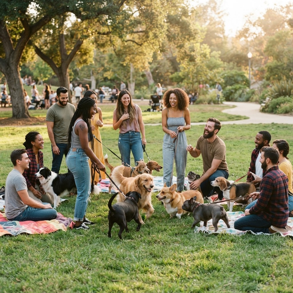 A diverse group of pet parents and their dogs mingling at a park meetup