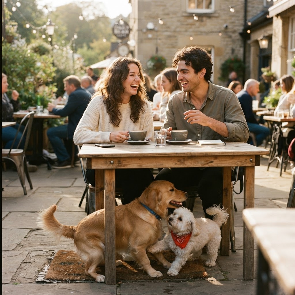 Two people meeting over coffee while their dogs play