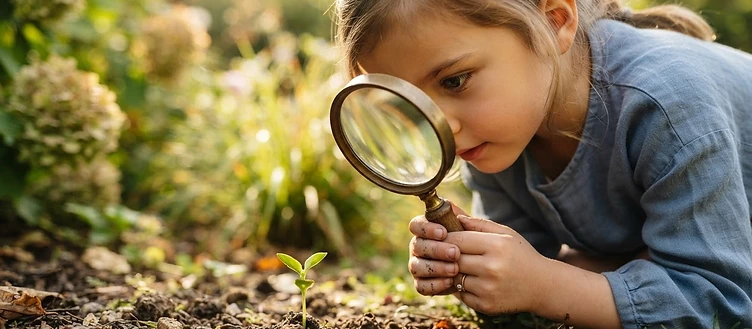 A child looking through a magnifying glass at a small green sprout growing in soil