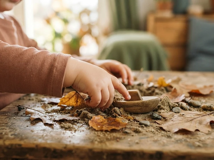 A child's hands exploring textured natural materials in warm morning light