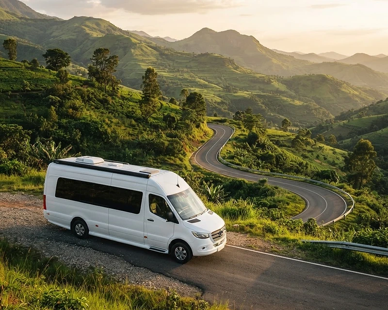 SBK luxury tour van on a scenic mountain road in Malawi