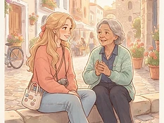 Bella conversando con una señora local en la banqueta, ilustración soft anime