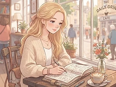 Bella escribiendo en su bitácora junto a la ventana de un café, ilustración soft anime