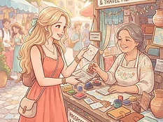 Bella recibiendo un sello de pasaporte de un artesano, ilustración soft anime