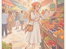 Bella explorando un mercado local y revisando fruta, ilustración soft anime