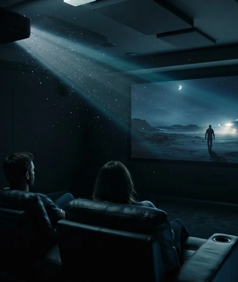 Salle de cinéma privée avec écran projeté géant, ambiance obsidienne
