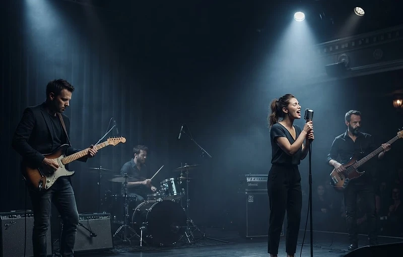 Groupe de musique sur scène sous des lumières bleues