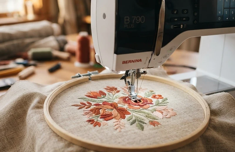 An embroidery machine stitching a floral design onto linen