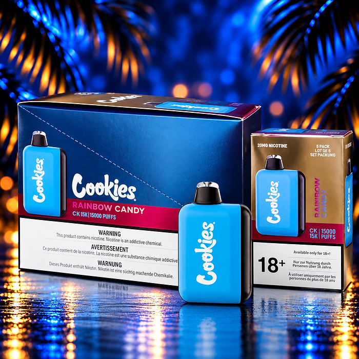 Cookies Rainbow Candy CK 15K Karton und Vape vor blauem Palmenhintergrund