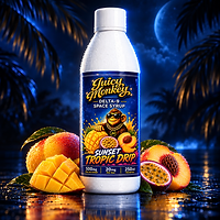 Juicy Monkey Sunset Tropic Drip Space Syrup, 250-ml-Flasche mit Mango, Maracuja und Pfirsich vor blauem Nachthintergrund