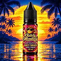 Juicy Sauce Vape Liquid Cherry Gelato Drip 10 ml – rote Juicy-Monkey-Flasche vor tropischem Sonnenuntergang