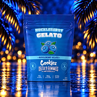 Cookies Huckleberry Gelato Gummies – Beutel vor blauem Palmenhintergrund