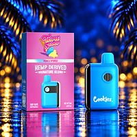 Cookies Triple Scoop 5-g-Vape – Box und Gerät vor blauem Palmenhintergrund