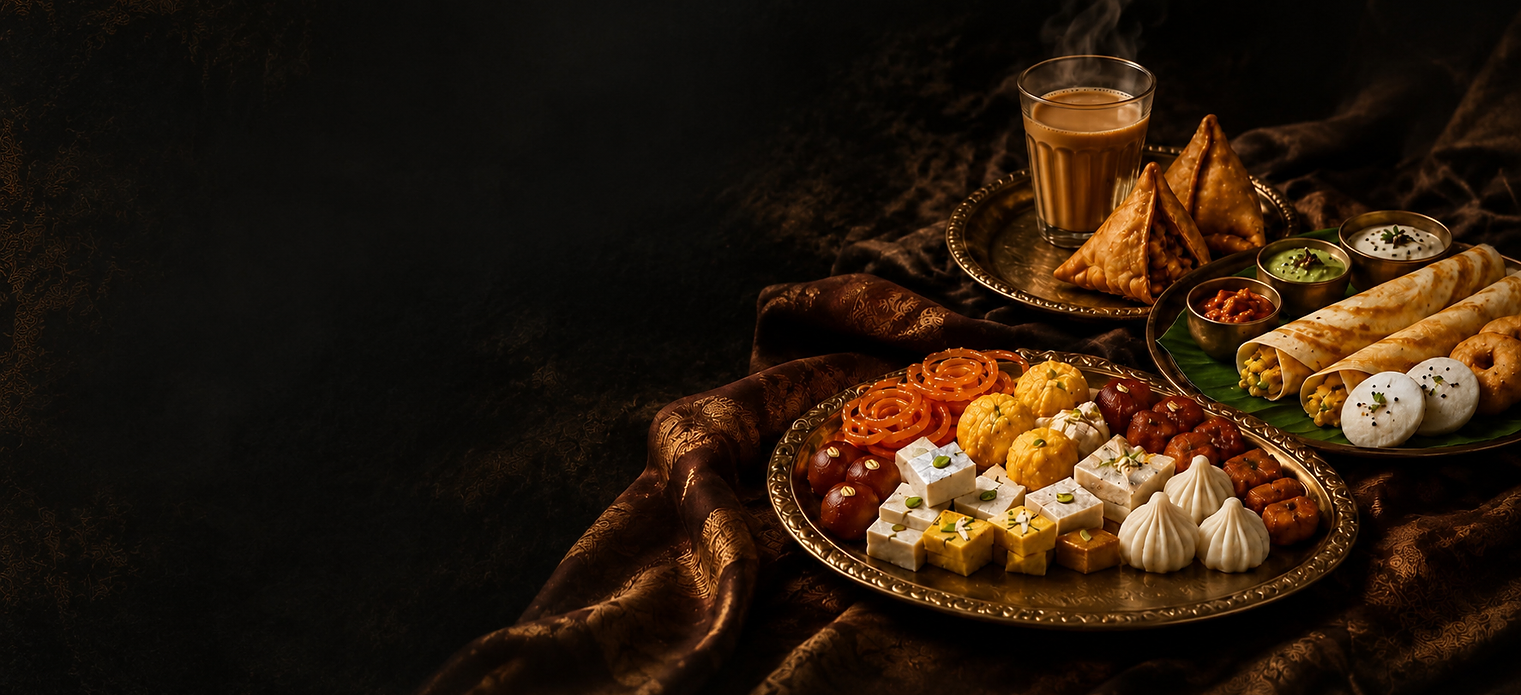 Indian sweets, samosas and chai on a dark moody table