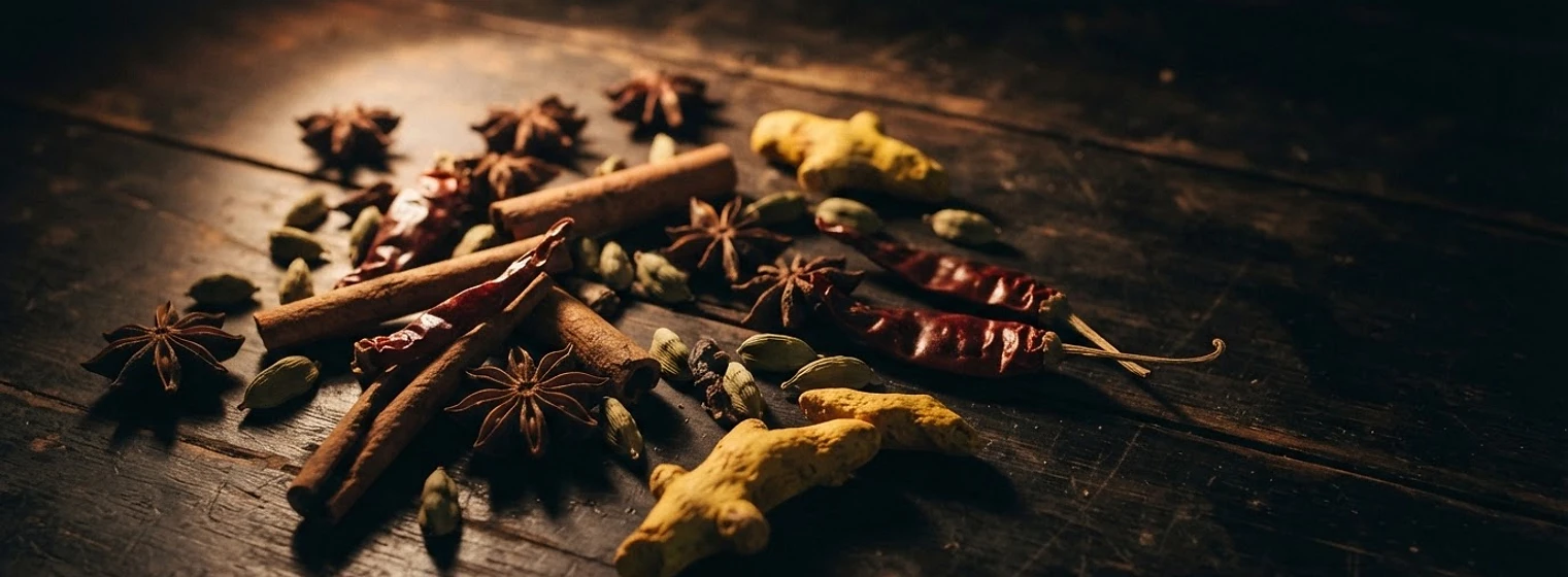 Whole Indian spices on a dark moody table