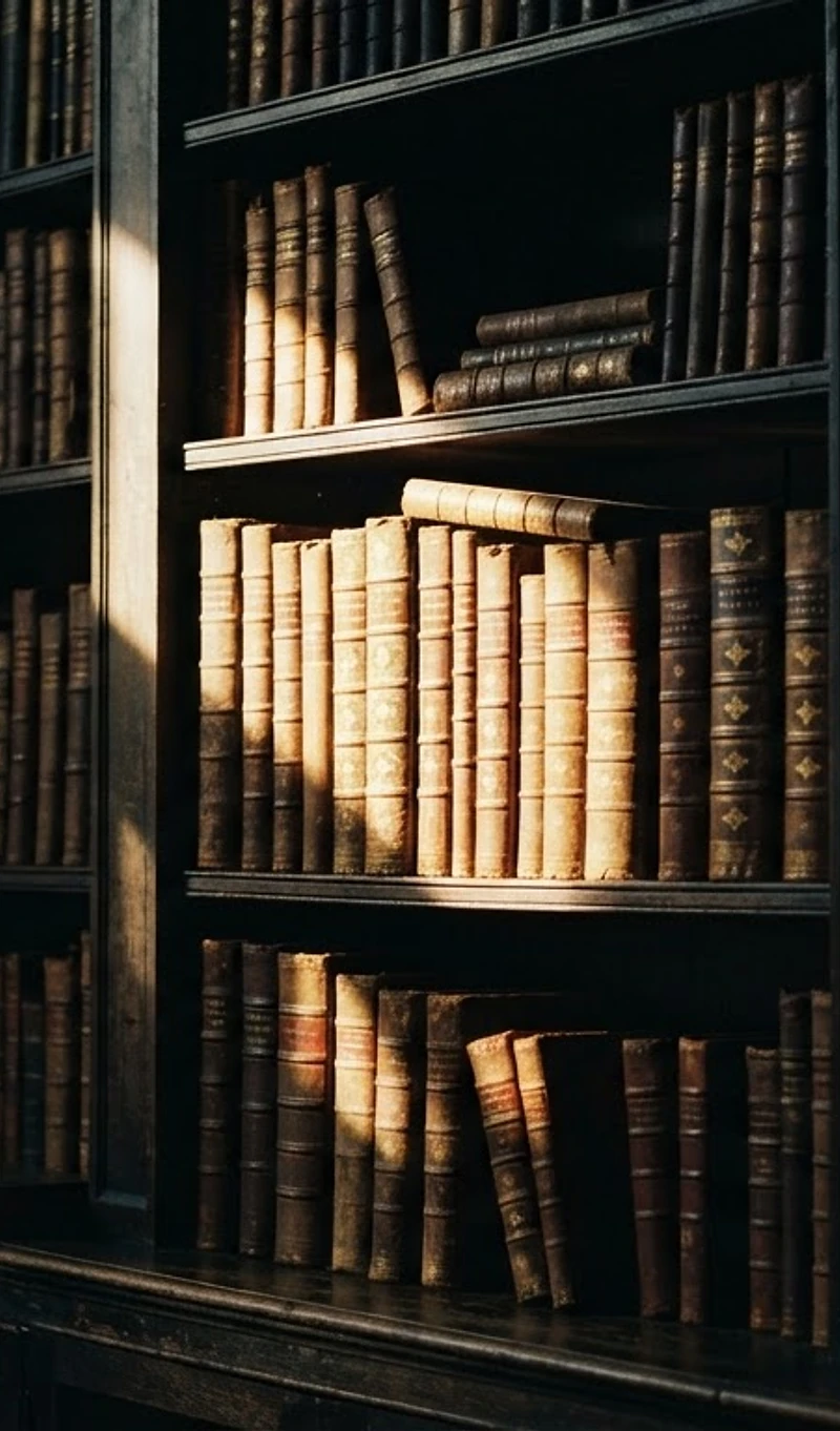 A dark, moody library with a single beam of golden light