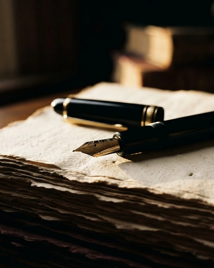 A fountain pen resting on a cream-colored manuscript, lit by soft window light