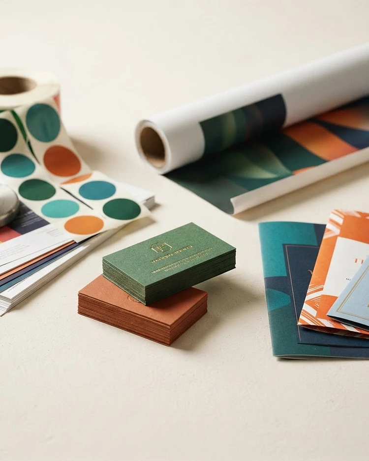 Premium arrangement of printed products — business cards, brochures and labels