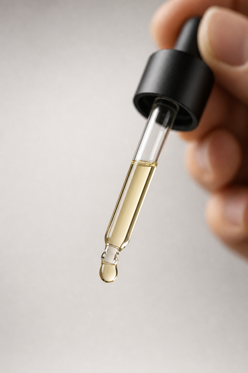 A glass dropper held vertically with a single amber drop of oil suspended at the tip