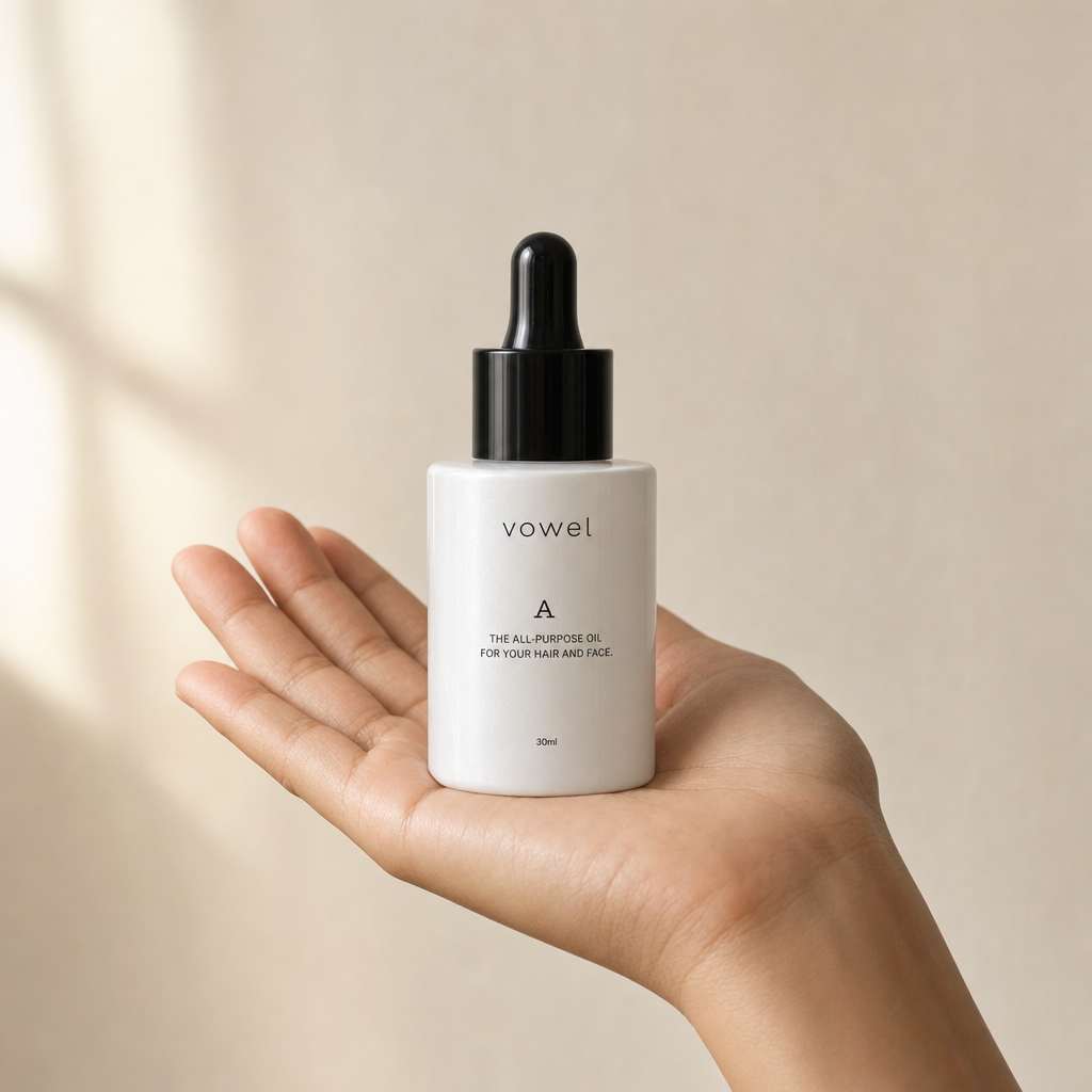 An open palm holding the 30ml bottle of A oil in soft natural light against a warm beige wall
