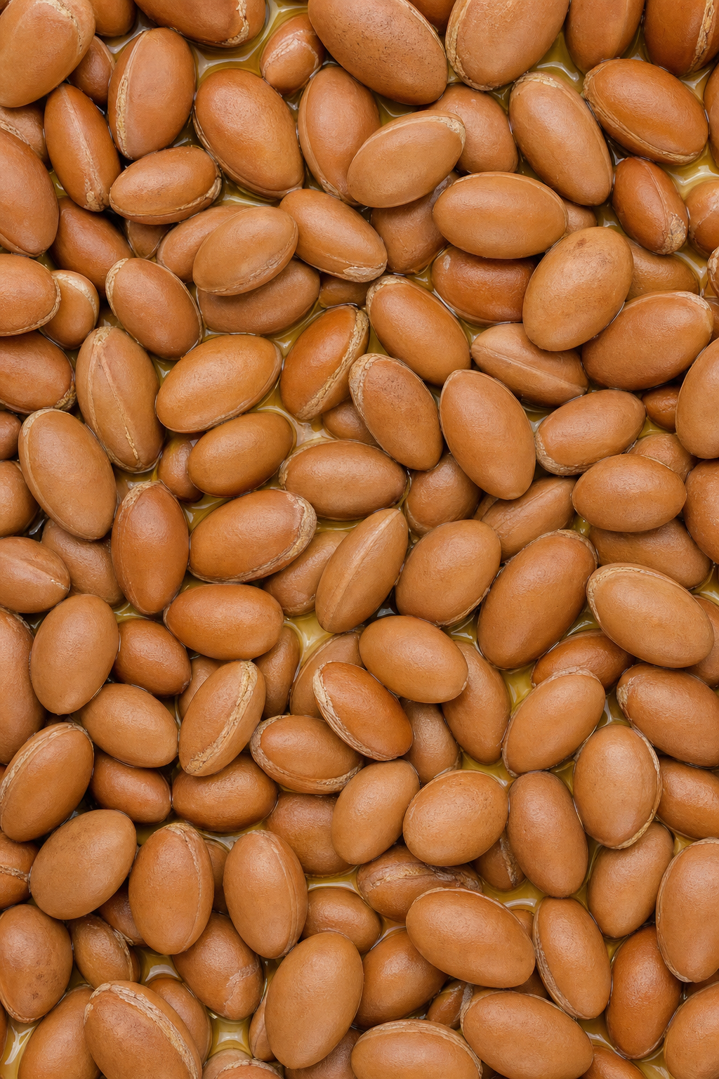 A pile of argan nuts in their smooth brown shells