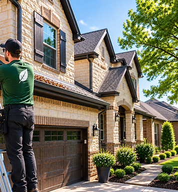 Professional gutter cleaner clearing leaves from a home gutter