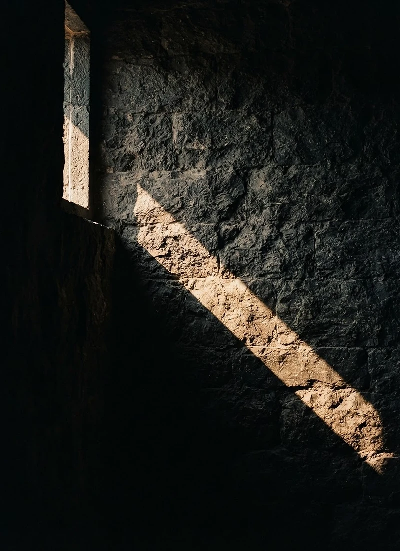 Ein Lichtstrahl trifft eine raue Steinwand in einem dunklen Raum